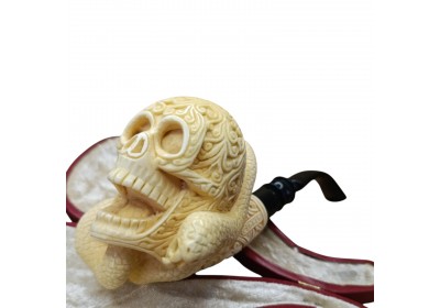 Block Meerschaum Hand Carved Snake Figured Skull