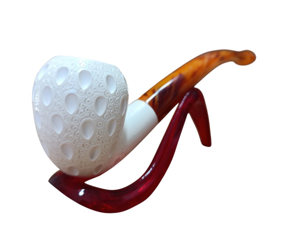 Handmade Turkish Geometric Pattern Carved Block Meerschaum Pipe Handmade Turkish Geometric Pattern Carved Block Meerschaum Pipe